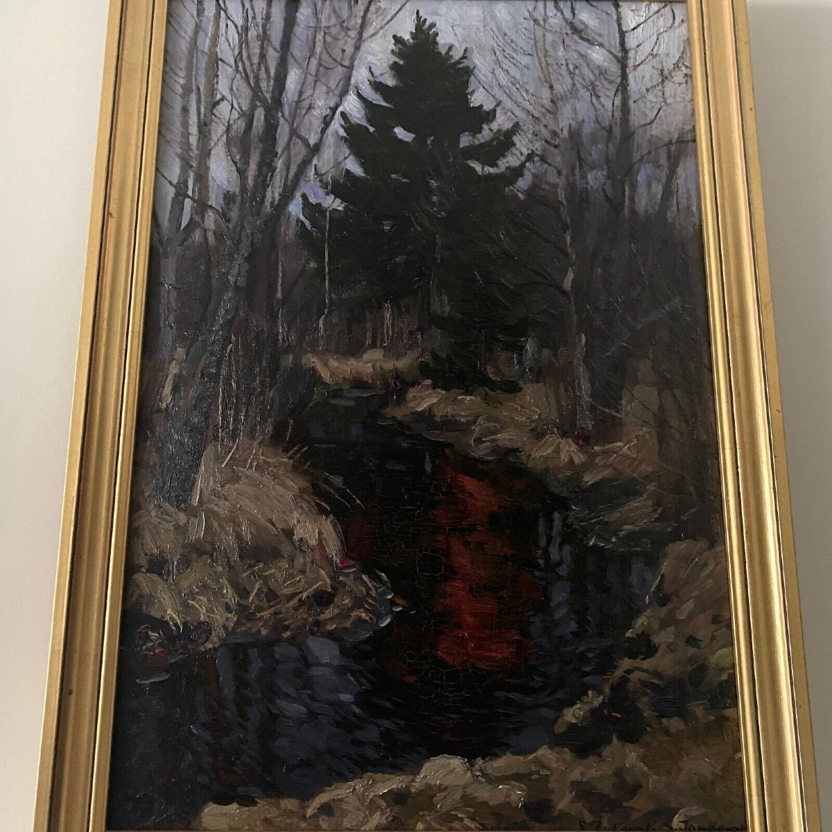 Oil On Cardboard By Stanislaw Zukowski Stream In An Undergrowth-photo-2