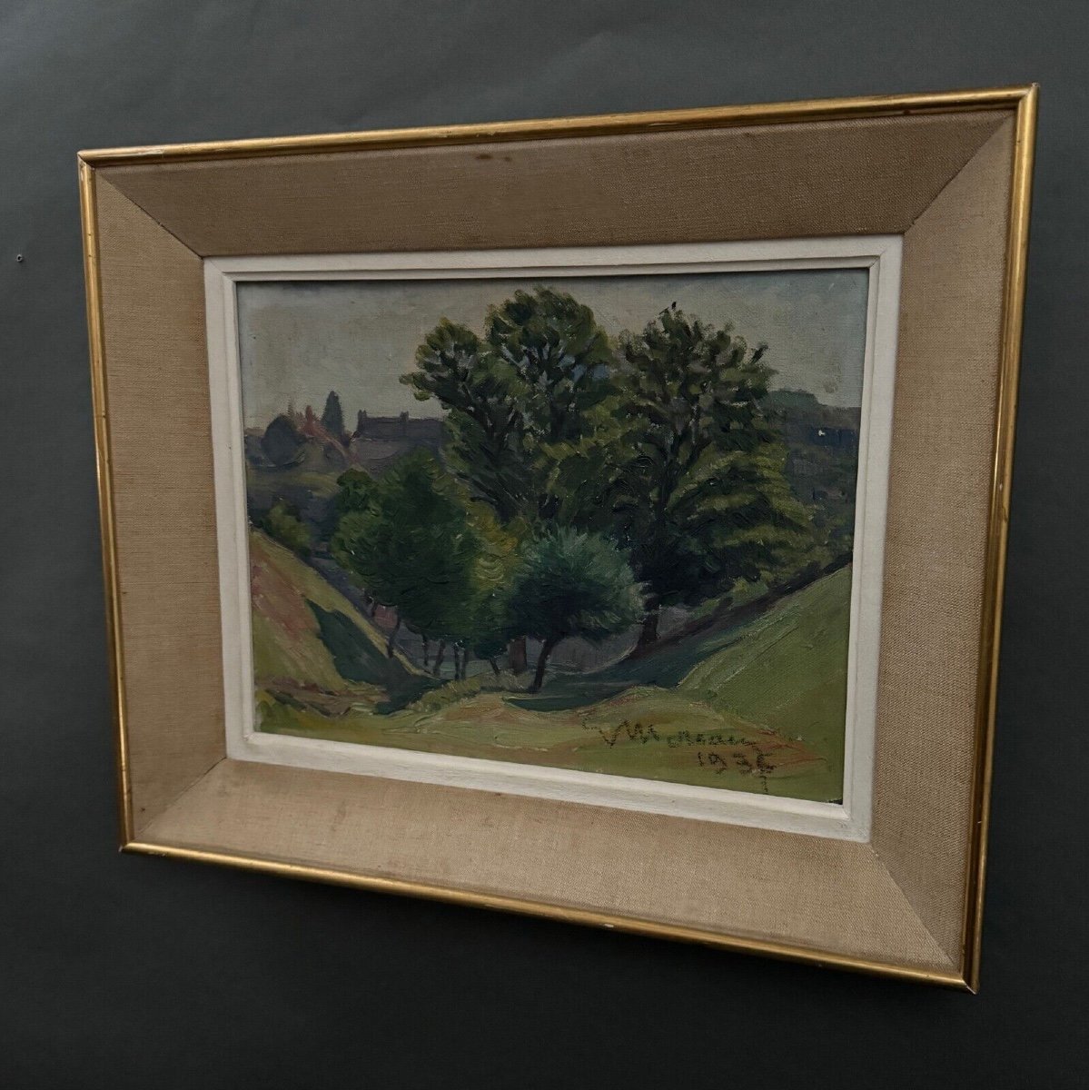 Huile sur carton par Mereau 1936 représentant un bosquet d'arbres-photo-1