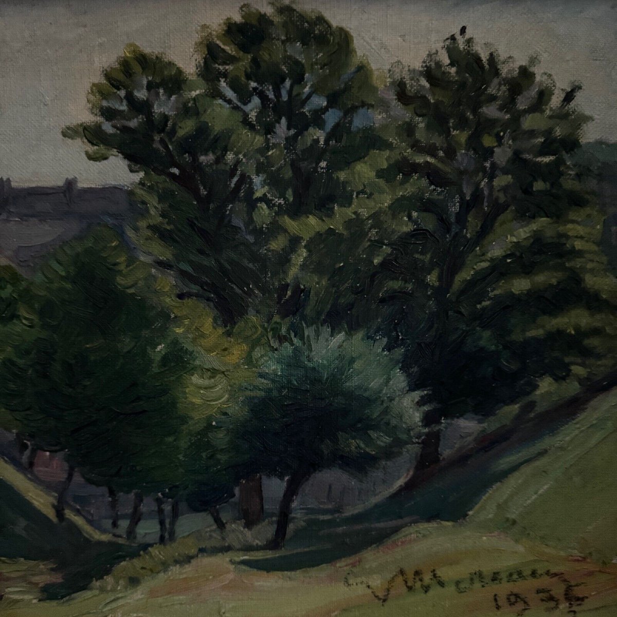 Huile sur carton par Mereau 1936 représentant un bosquet d'arbres-photo-3