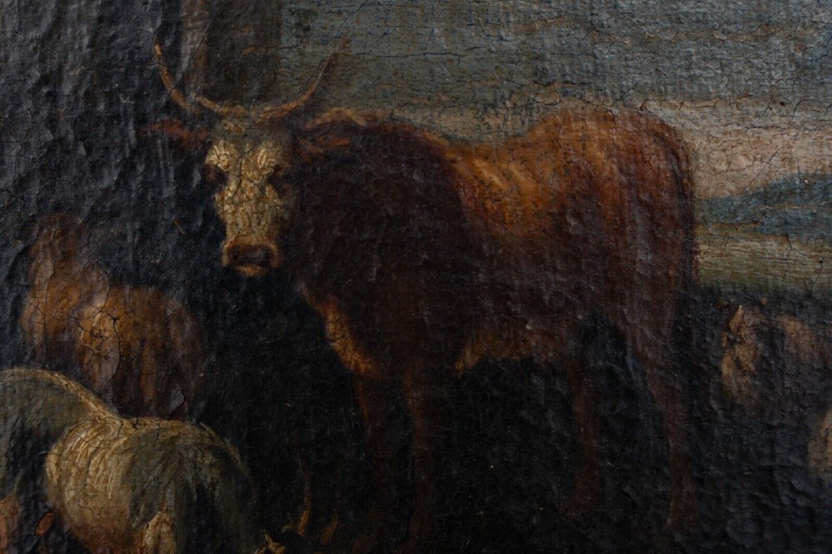 Huile sur toile XVIIIe scène d'animaux et de berger cadre doré-photo-4