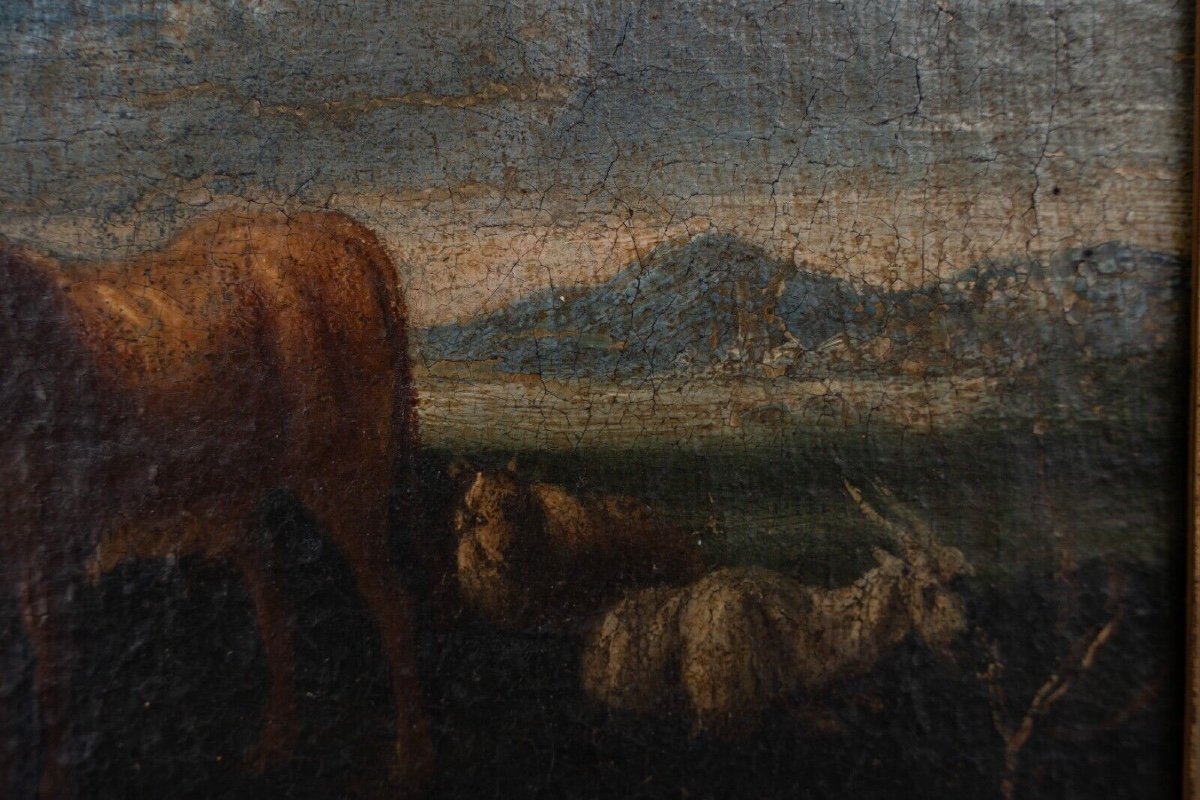 Huile sur toile XVIIIe scène d'animaux et de berger cadre doré-photo-4