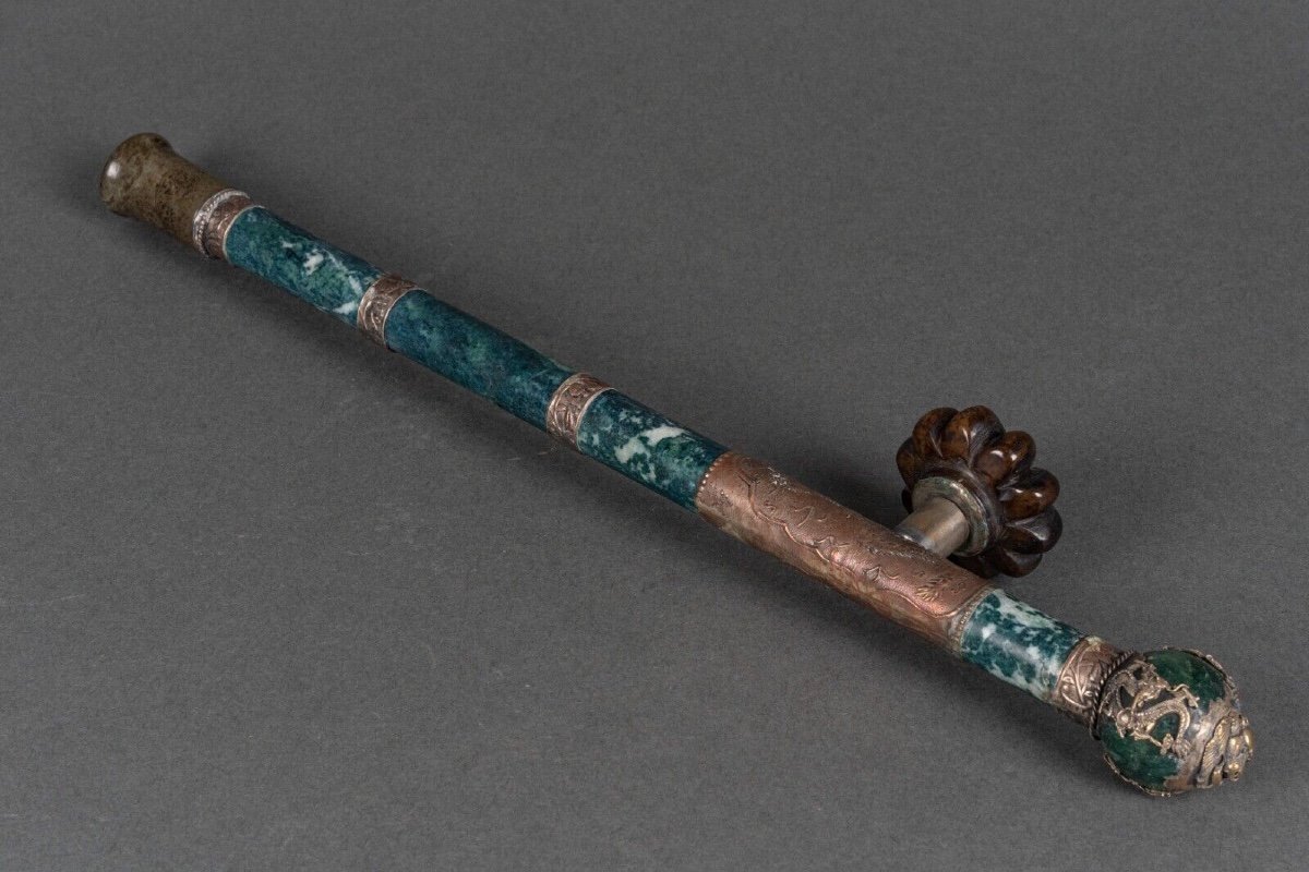 Pipe en pierre dure et métal argenté Chine tête de lion début XXe-photo-4