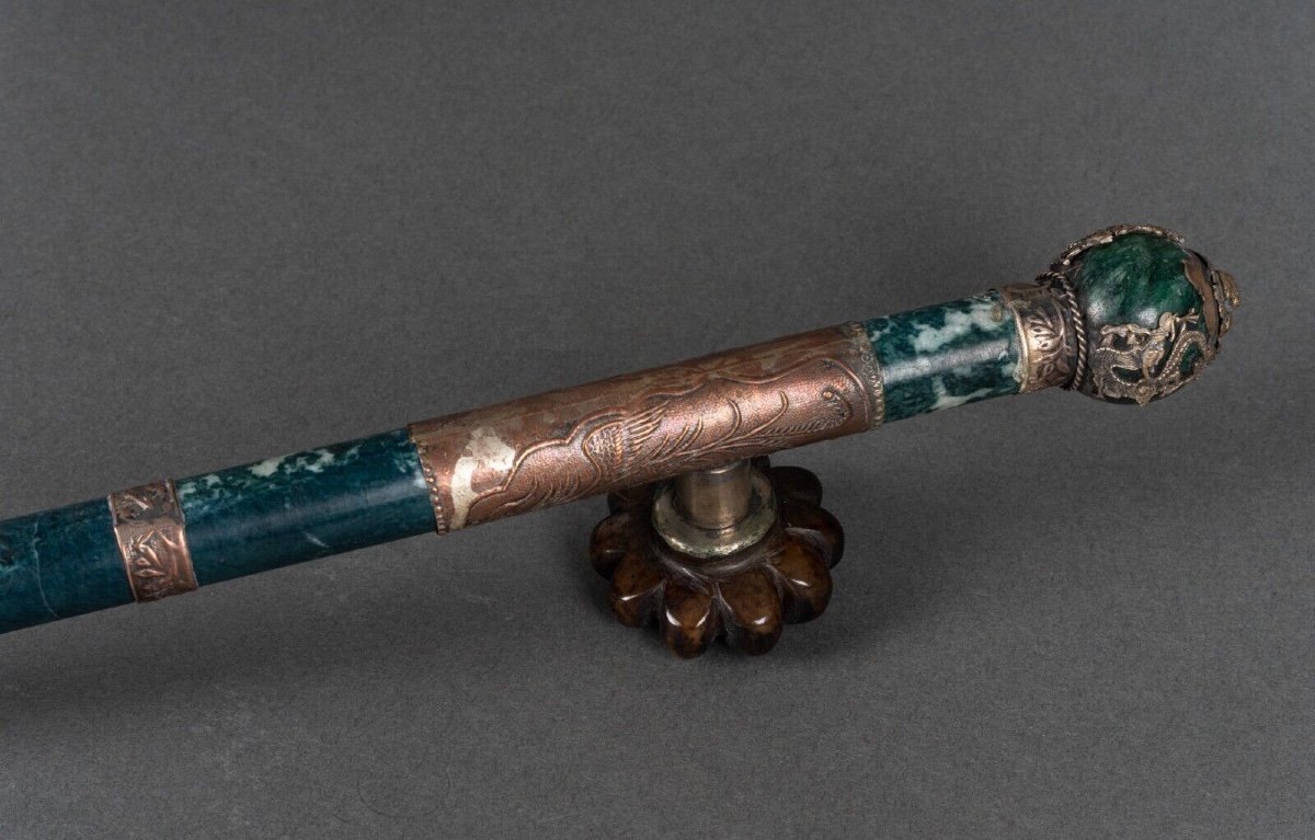 Pipe en pierre dure et métal argenté Chine tête de lion début XXe-photo-1