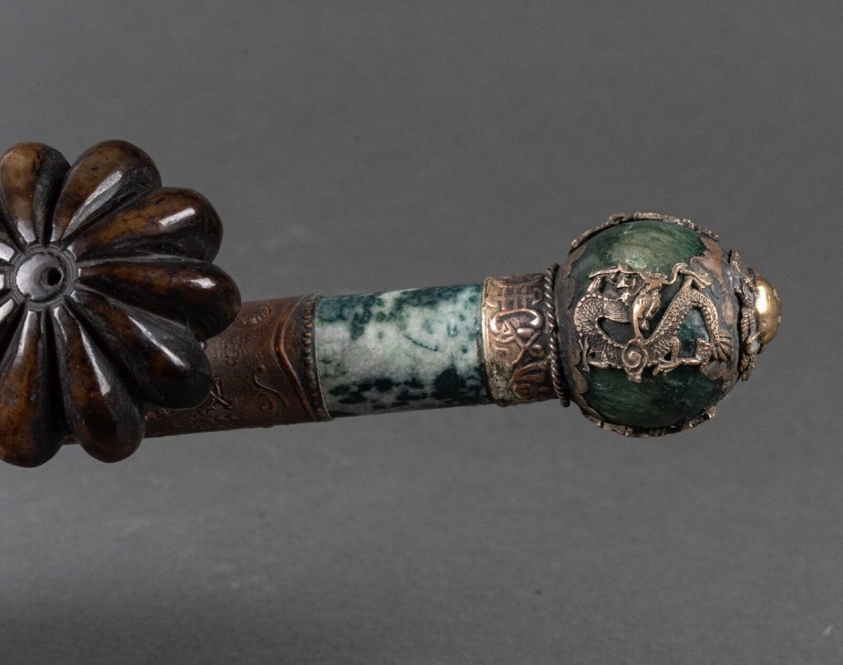 Pipe en pierre dure et métal argenté Chine tête de lion début XXe-photo-2