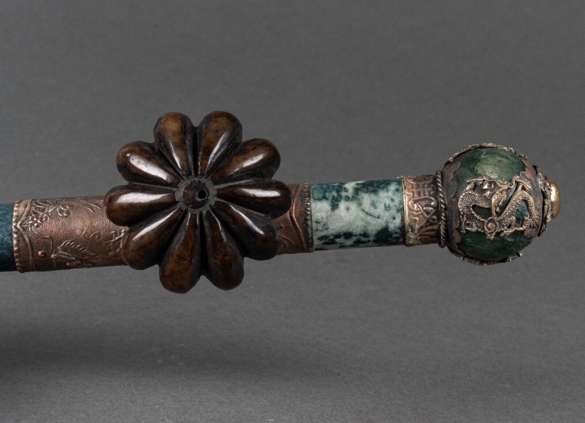 Pipe en pierre dure et métal argenté Chine tête de lion début XXe-photo-3