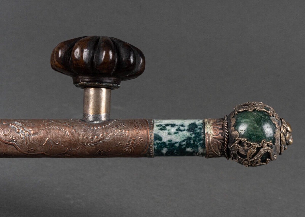 Pipe en pierre dure et métal argenté Chine tête de lion début XXe-photo-4