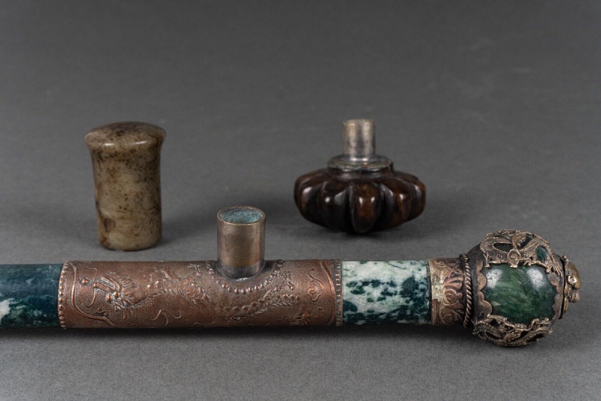 Pipe en pierre dure et métal argenté Chine tête de lion début XXe-photo-7