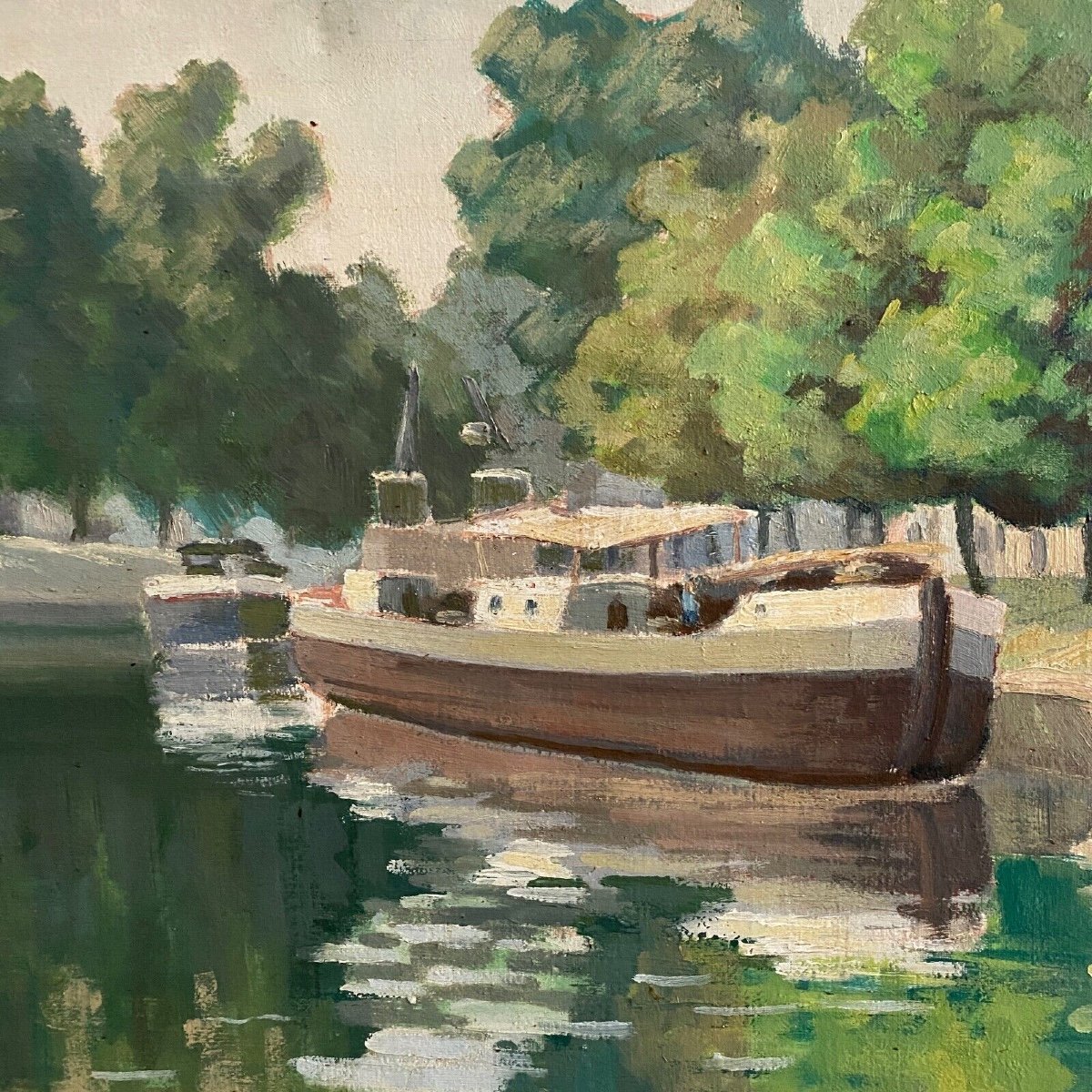 Oil On Canvas 20th Century Barge On The Banks Of The Erdre Nantes-photo-3