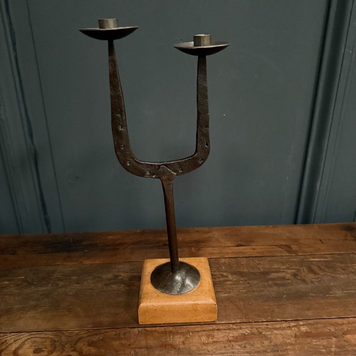 2-light Candle Holder, Ironwork, 1970s, On Wooden Base-photo-4