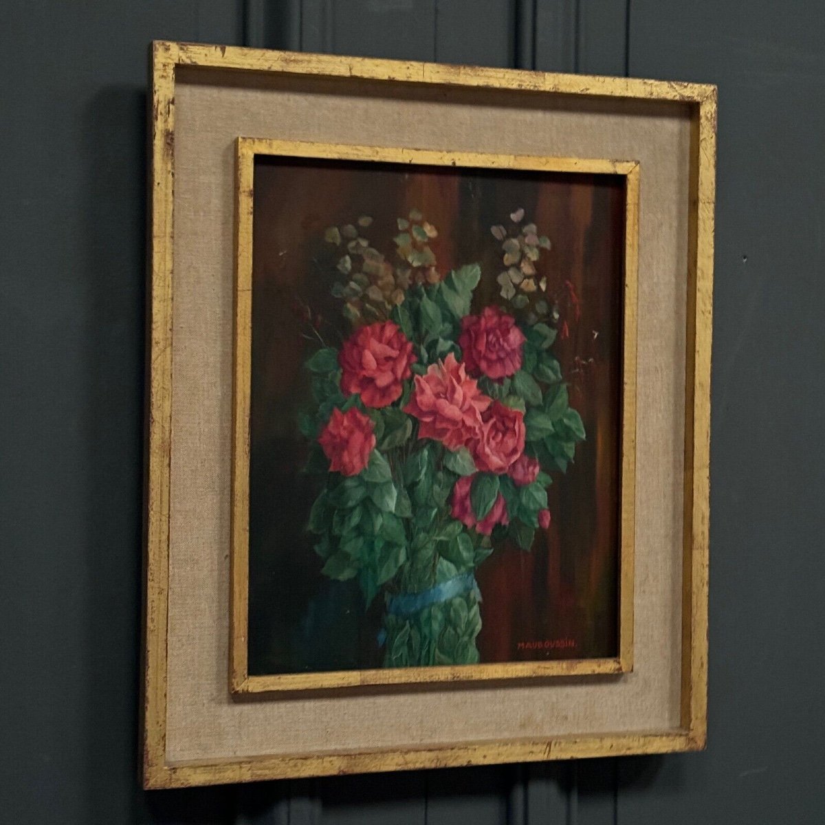 Huile sur bois nature morte bouquet de roses XXe par Mauboussin-photo-2