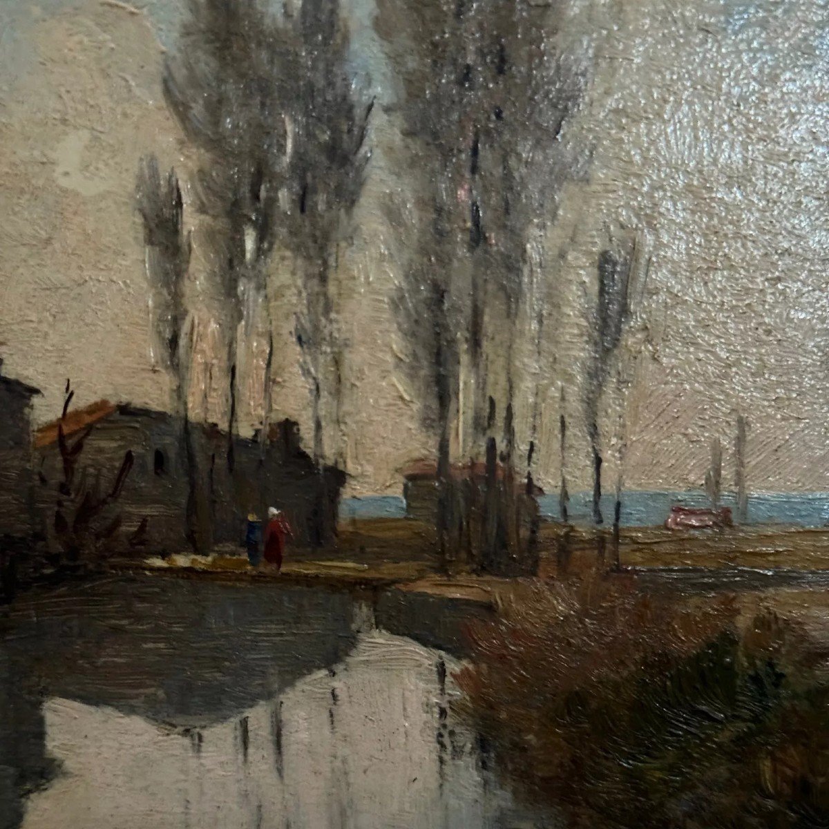 Oil On Cardboard By Paul Faugier Riverside Landscape With Poplars-photo-2