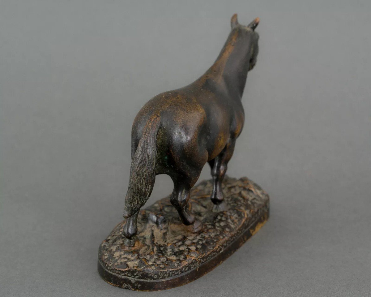 Cheval de trait en bronze miniature XIXe patine brun foncé-photo-5