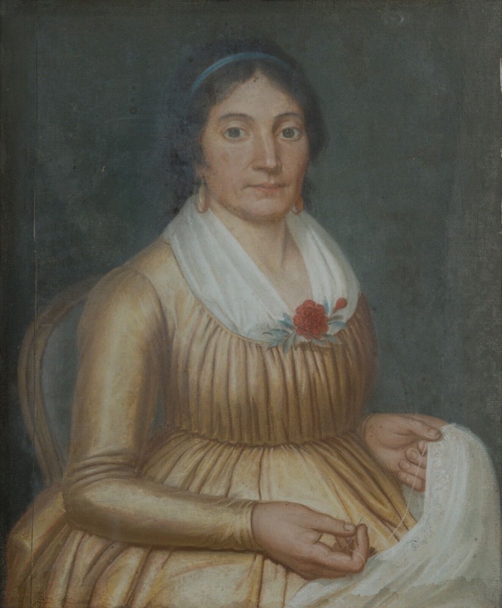 Pastel sur toile portrait début XIXe femme assise sur un fauteuil-photo-2