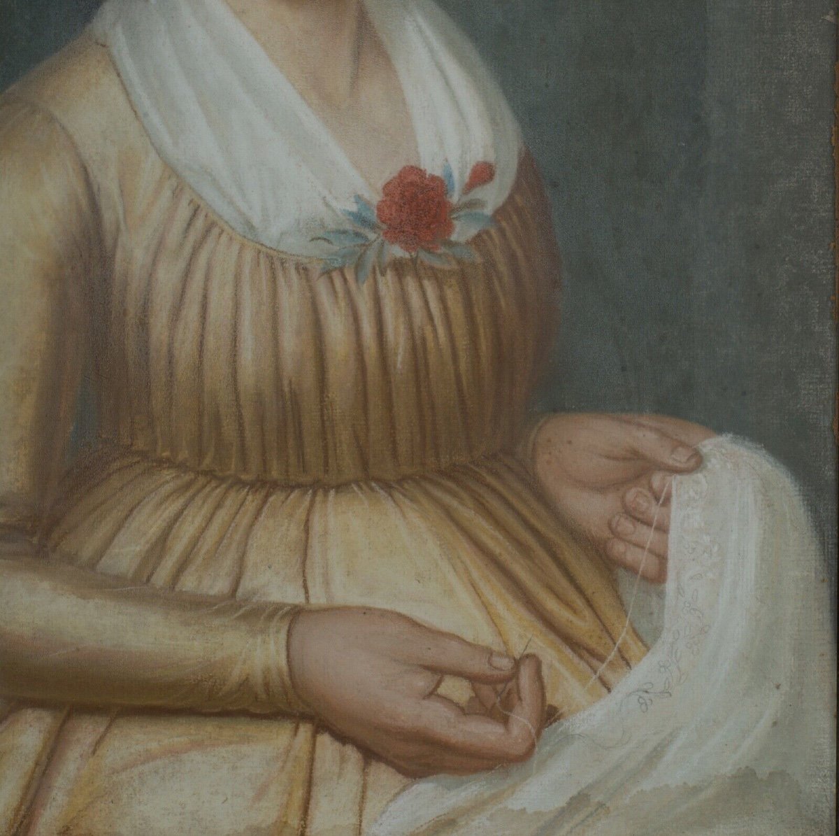 Pastel sur toile portrait début XIXe femme assise sur un fauteuil-photo-1