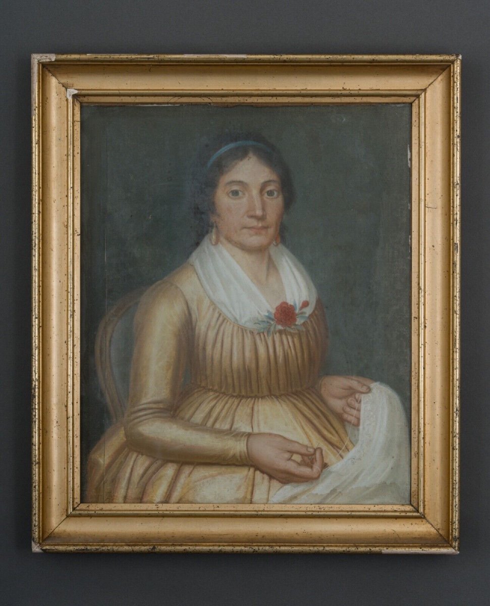 Pastel sur toile portrait début XIXe femme assise sur un fauteuil