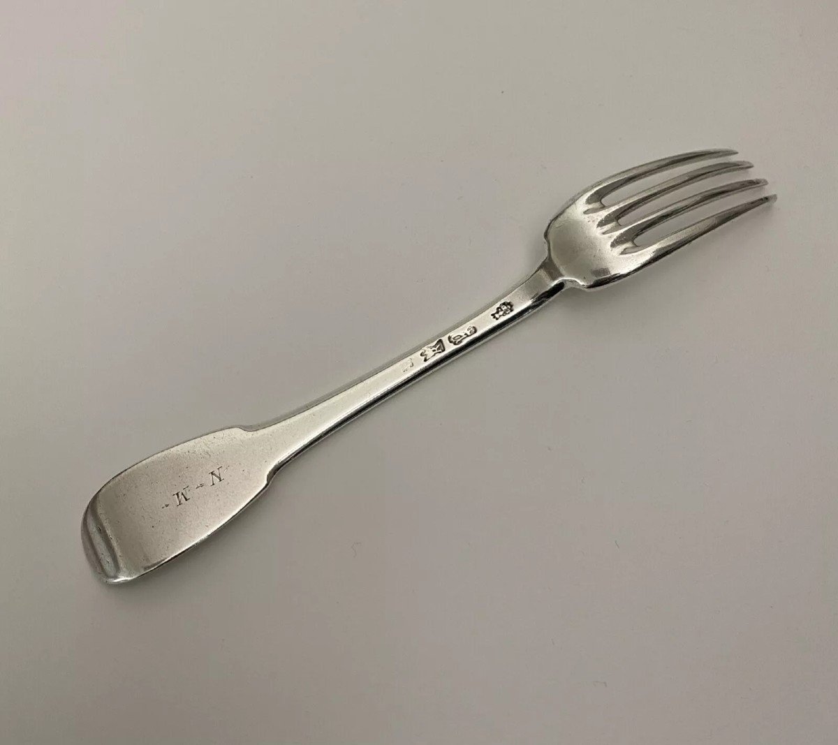 18th Century Solid Silver Fork, Farmers General Hallmark, Monogram Nm-photo-2