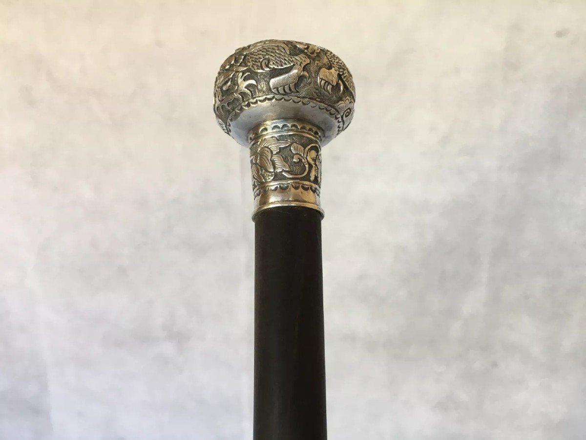 19th Century Bronze Cane From China Or Indochina, Dragon Decoration, Ironwood Shaft-photo-3