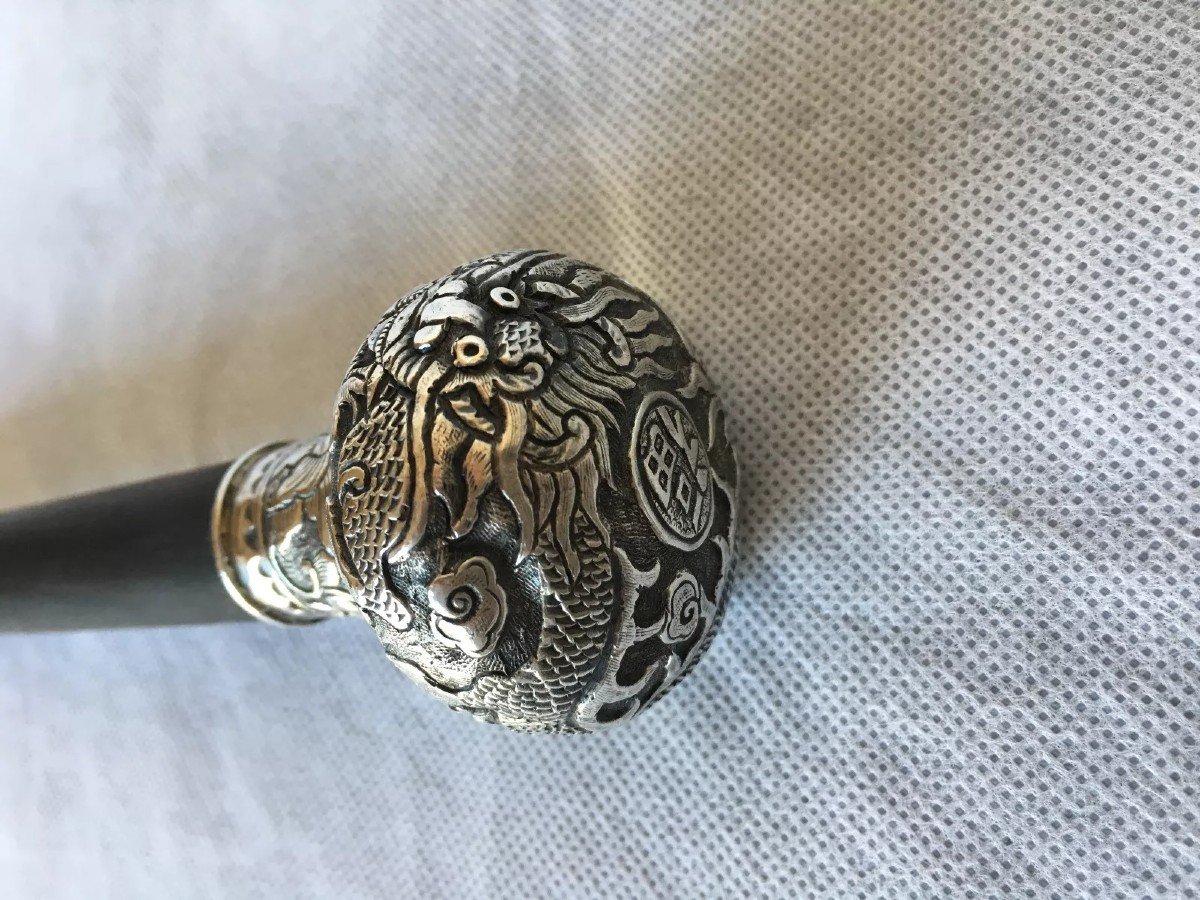 19th Century Bronze Cane From China Or Indochina, Dragon Decoration, Ironwood Shaft-photo-3