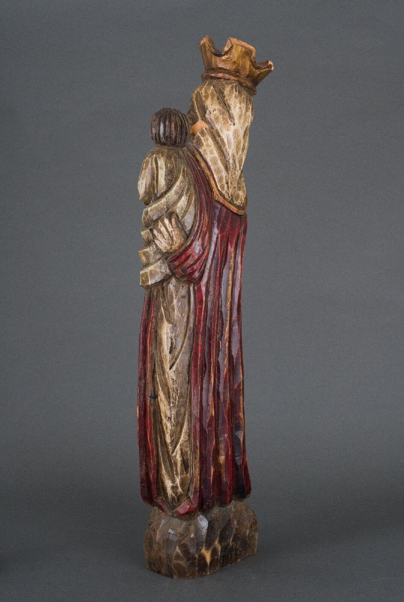 Virgin And Child Polychrome Carved Wood Mid-20th Century Large Size-photo-4