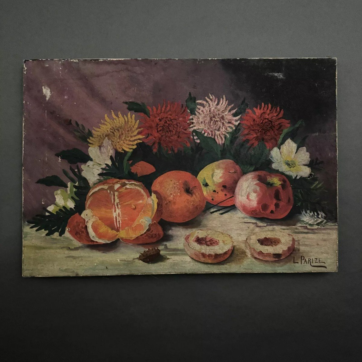 Oil On Canvas Still Life With Fruits And Flowers By L. Parize 20th Century