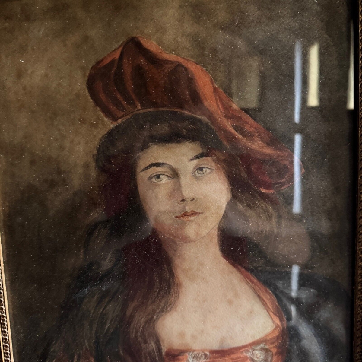 Watercolor On Paper, Late 19th Century, Portrait Of A Woman With A Monogrammed Hat-photo-2