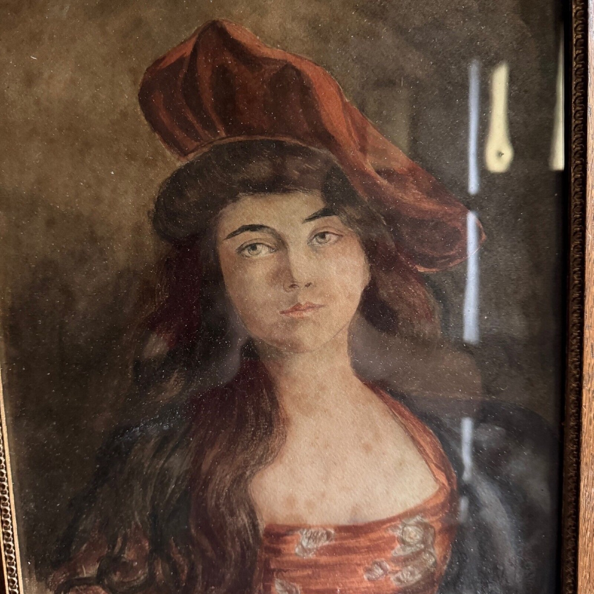 Watercolor On Paper, Late 19th Century, Portrait Of A Woman With A Monogrammed Hat-photo-3