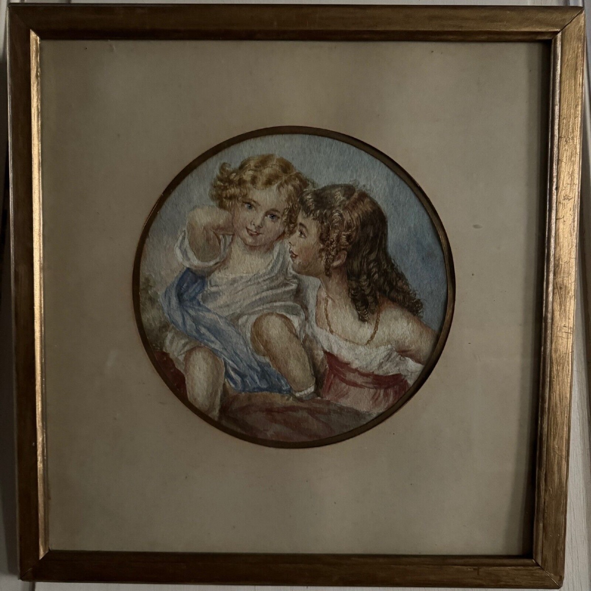 Aquarelle sur papier 2 jeunes enfants fin XIXe cadre doré-photo-2