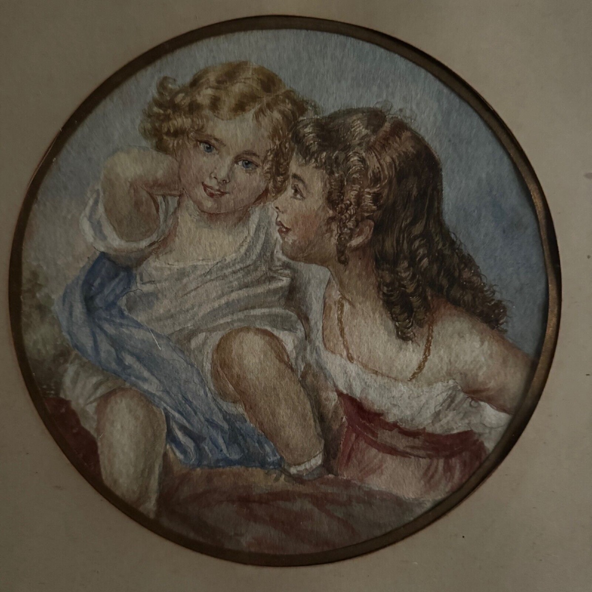 Aquarelle sur papier 2 jeunes enfants fin XIXe cadre doré-photo-3