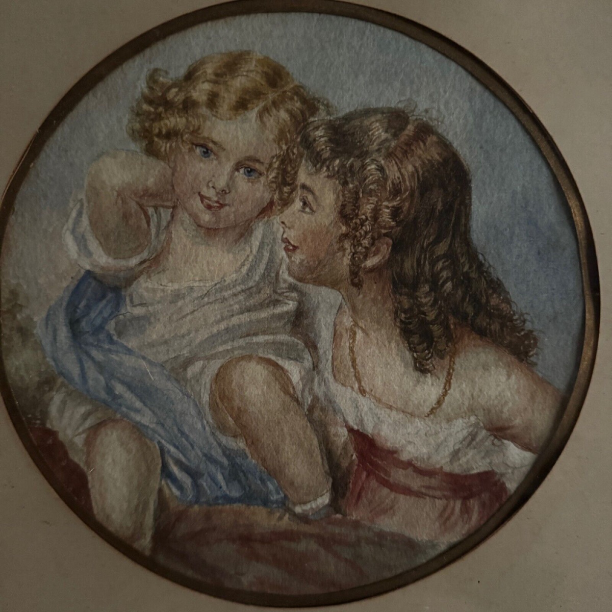 Aquarelle sur papier 2 jeunes enfants fin XIXe cadre doré-photo-4