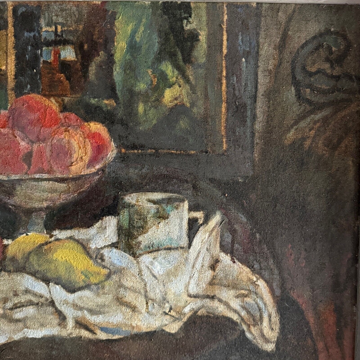 Oil On Canvas 20th Century Still Life With Fruit And Cloth, Whitewashed Frame-photo-4