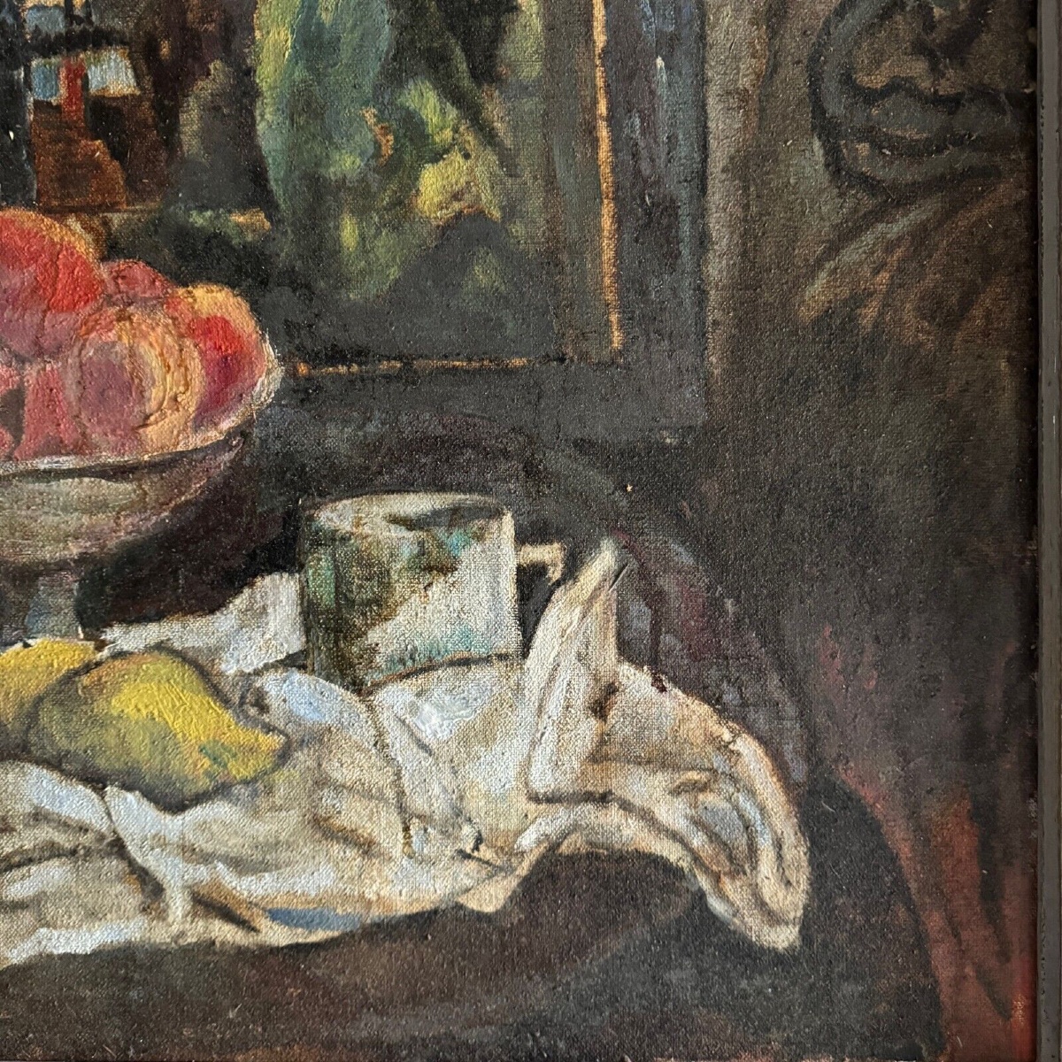 Oil On Canvas 20th Century Still Life With Fruit And Cloth, Whitewashed Frame-photo-1