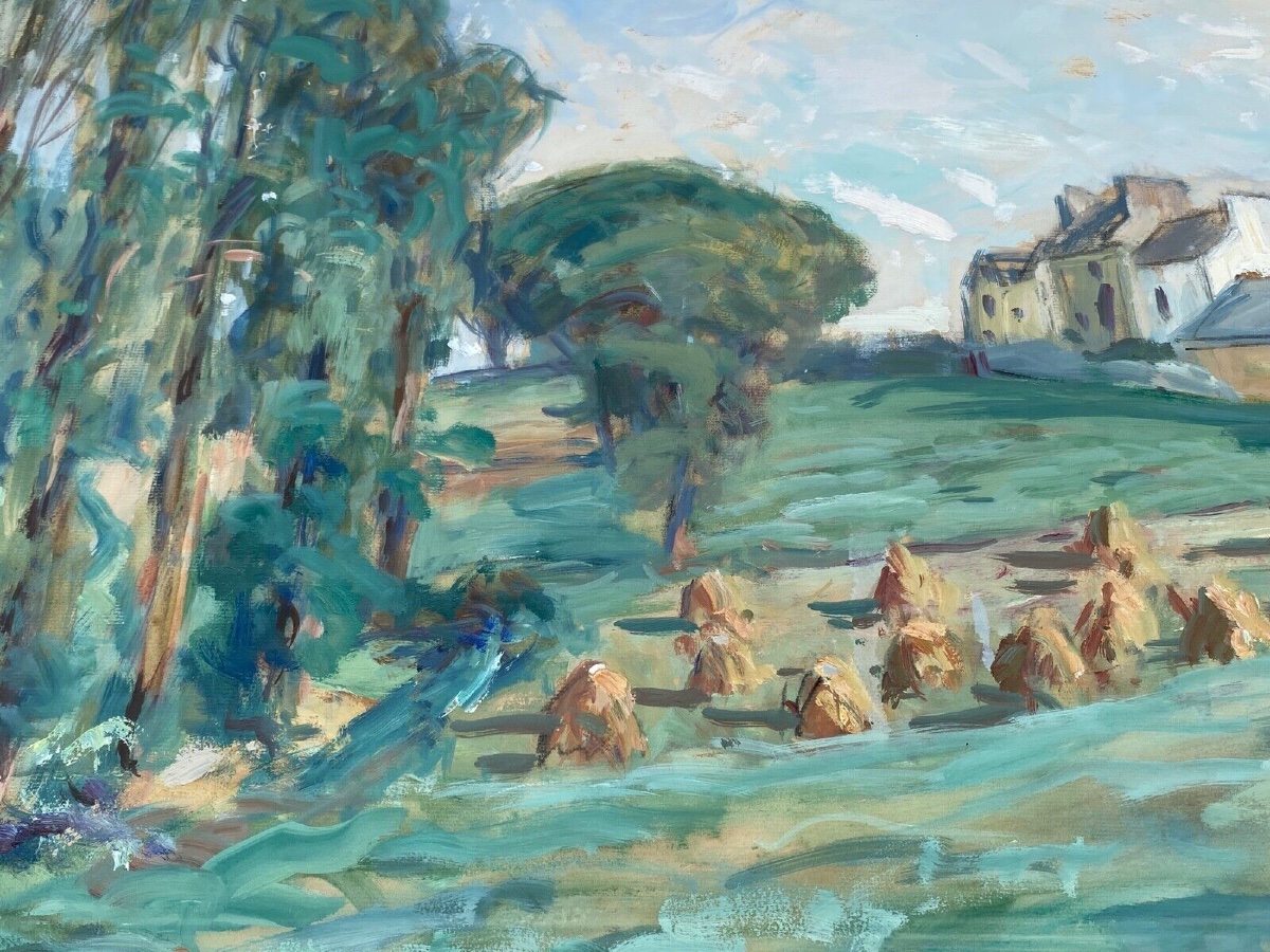 Watercolor By Paul Paquereau Haystacks 20th Century-photo-2