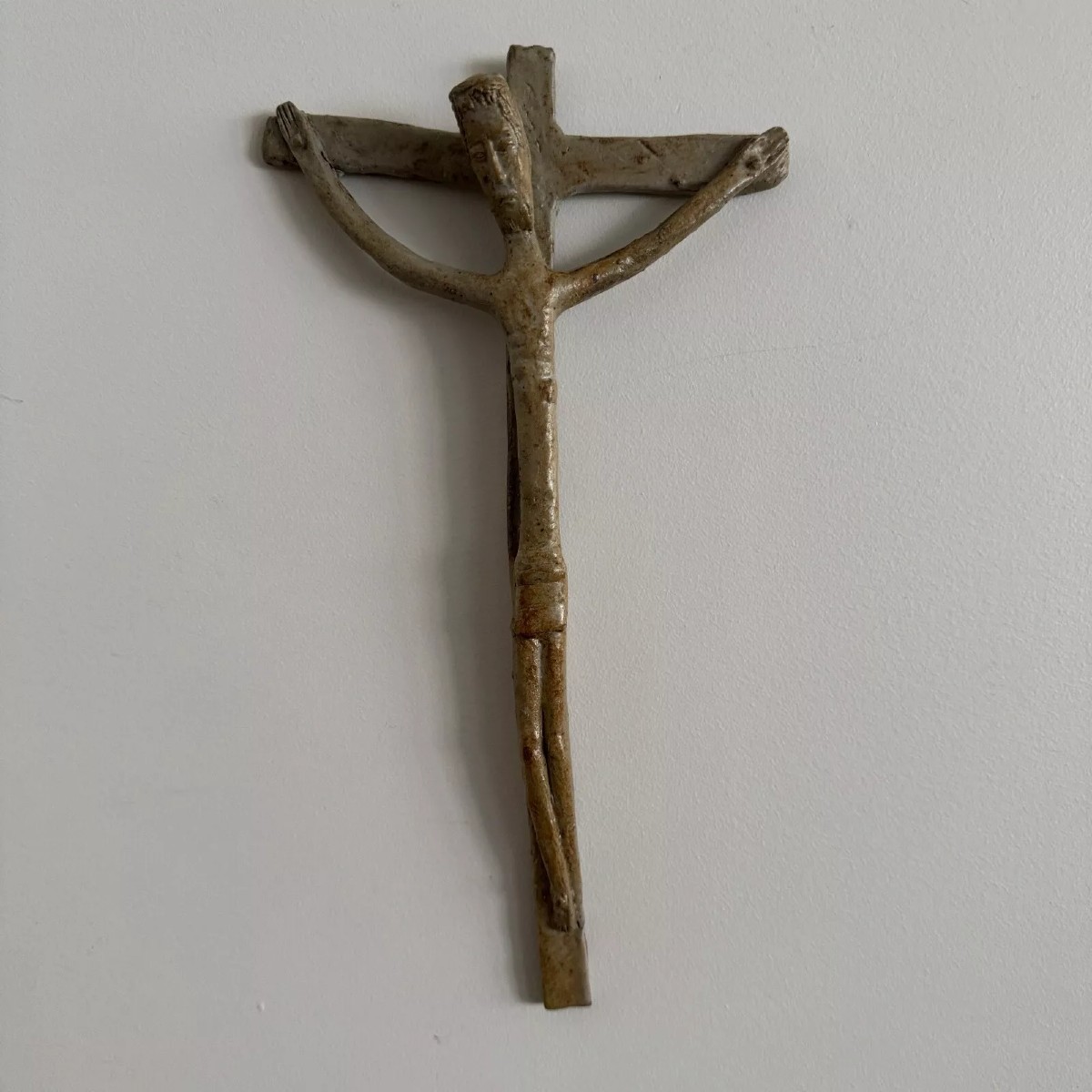Christ On The Cross Crucifix In Sandstone Signed Jean And Jacqueline Lerat 20th Century 