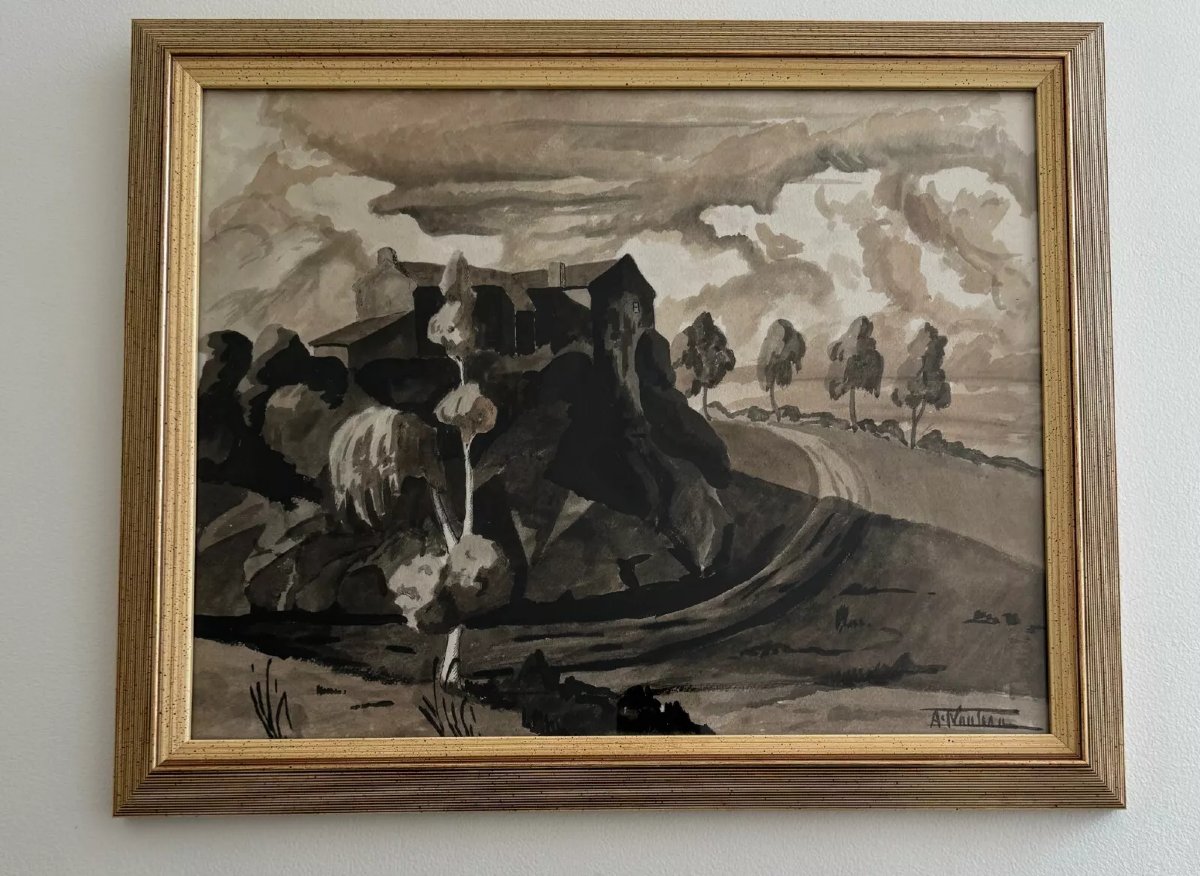 Watercolor On Paper André-charles Nauleau Landscape With Path 20th Century-photo-4