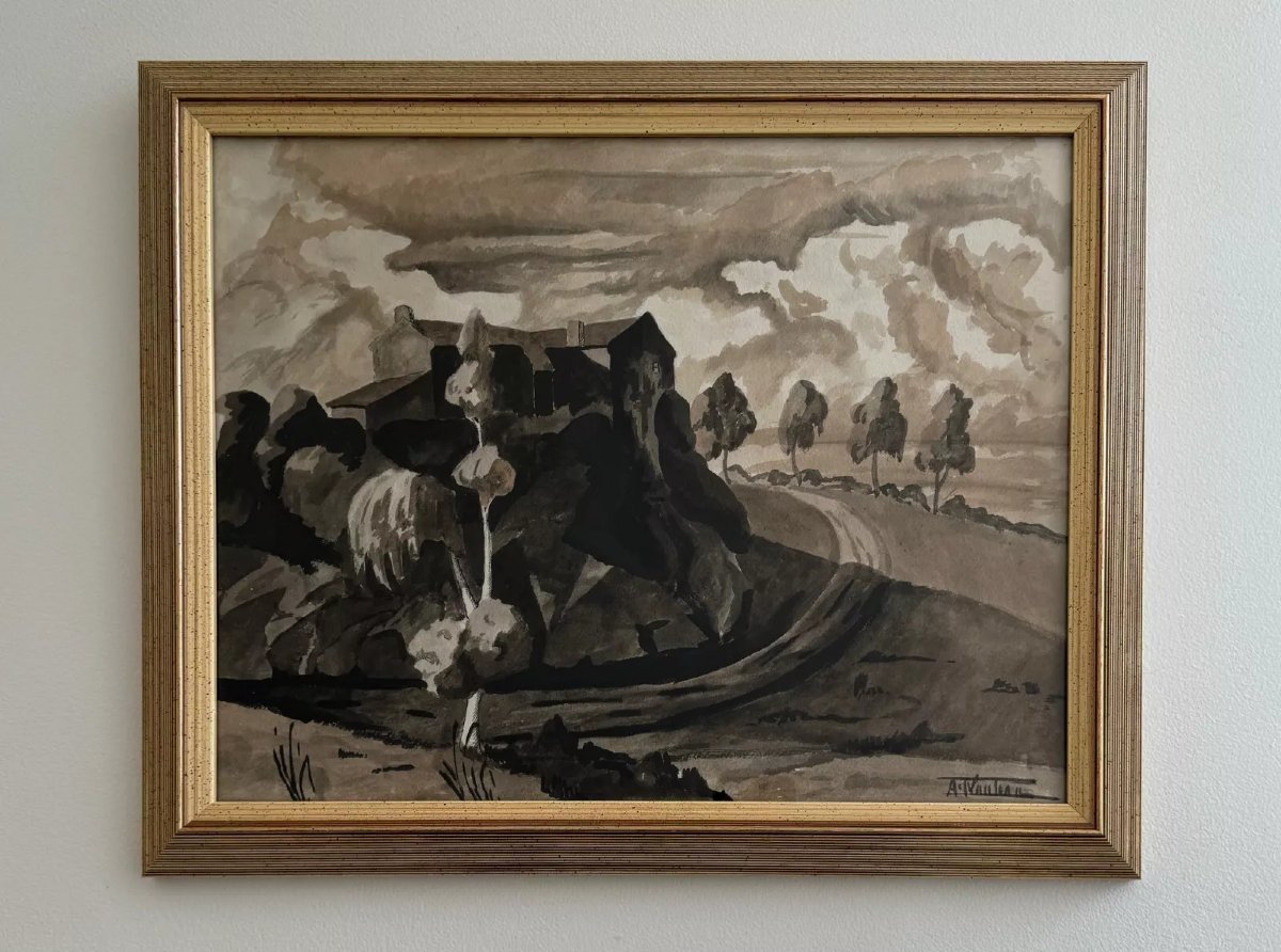 Watercolor On Paper André-charles Nauleau Landscape With Path 20th Century-photo-1