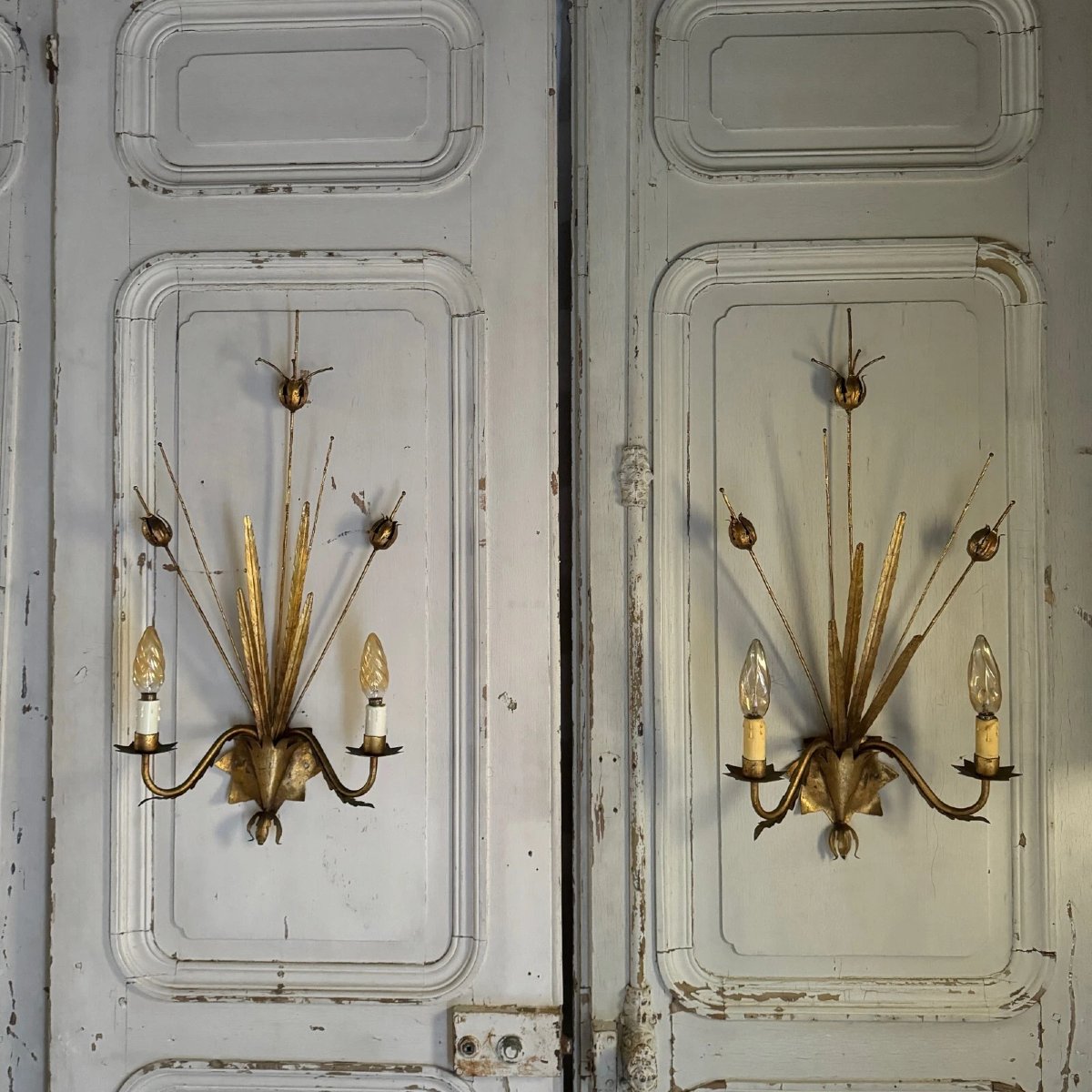 Pair Of Gilded Metal Sconces In The Shape Of An Ear Of Wheat, Mid-20th Century-photo-2