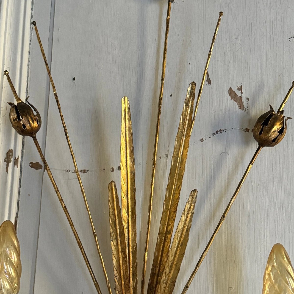 Pair Of Gilded Metal Sconces In The Shape Of An Ear Of Wheat, Mid-20th Century-photo-3
