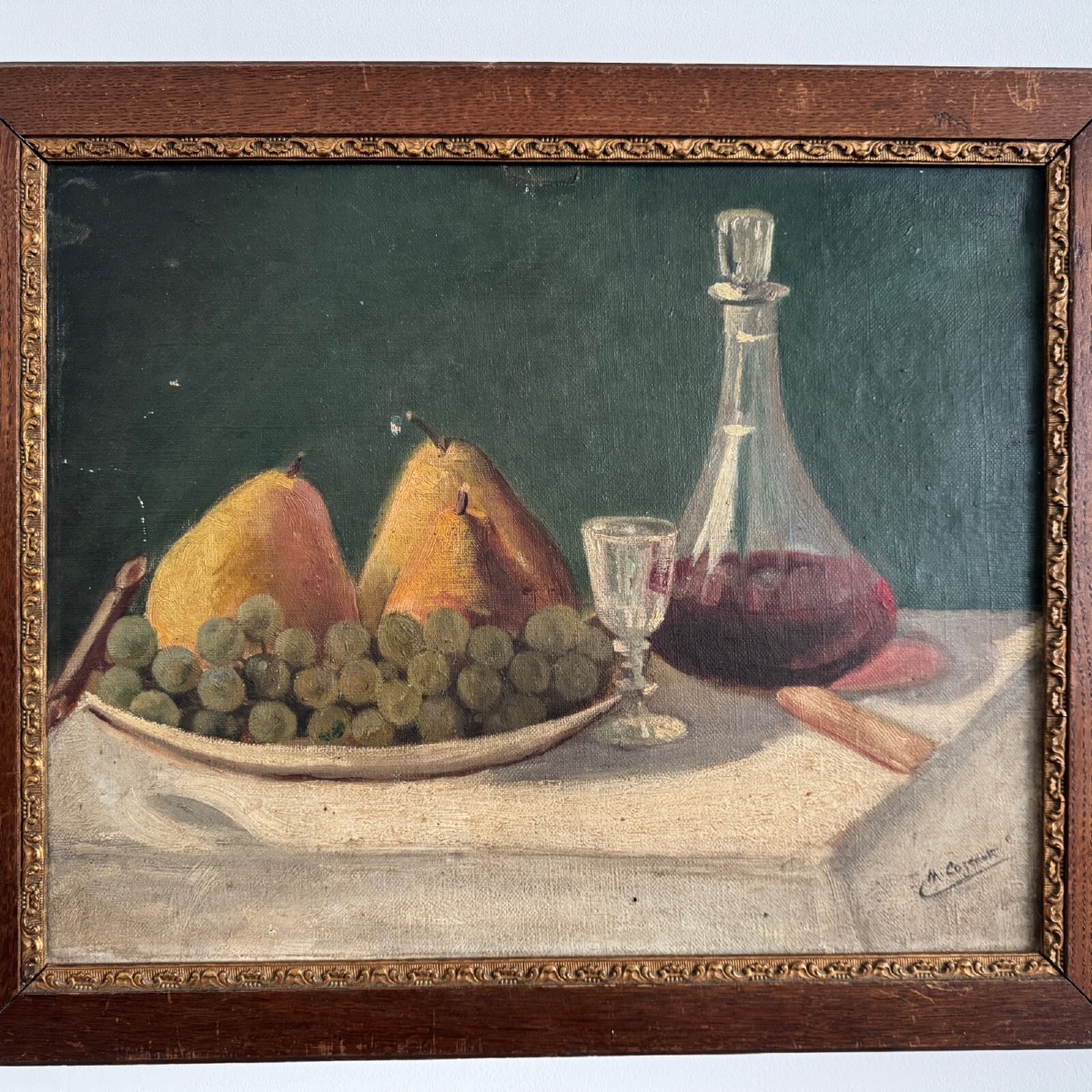 Oil On Canvas Still Life With Fruit And Carafe 20th Century By M. Cozenat-photo-2