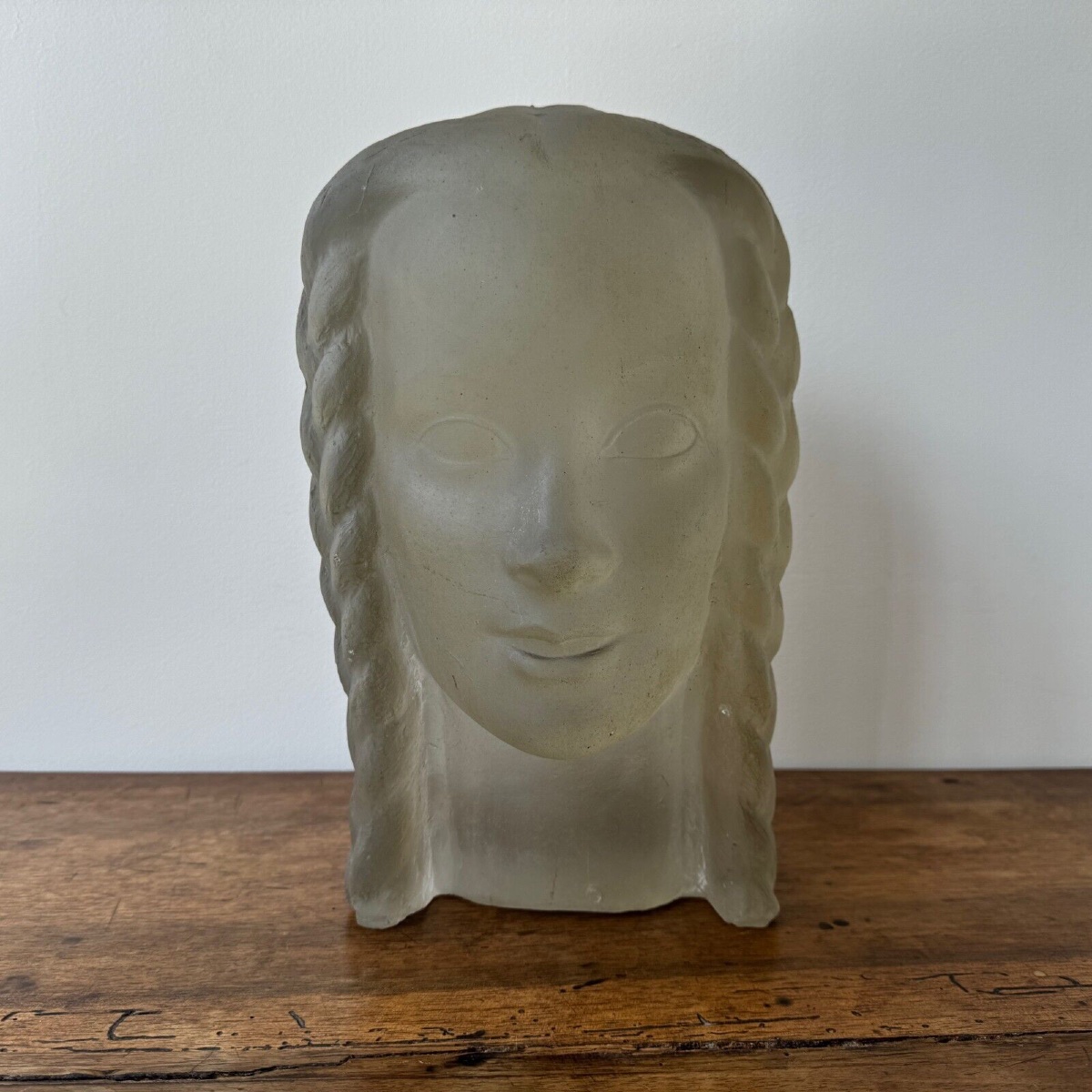Sculpture par Lucien Lafaye visage féminin en verre moulé circa 1950-photo-2