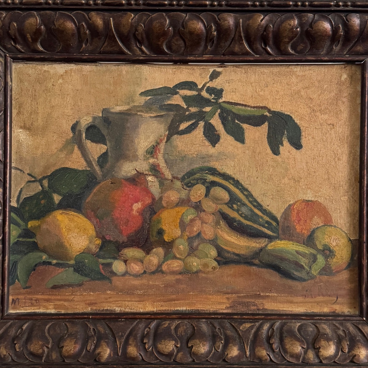 Oil On Canvas By M. Rery Still Life With Fruits And Vegetables 20th Century-photo-2