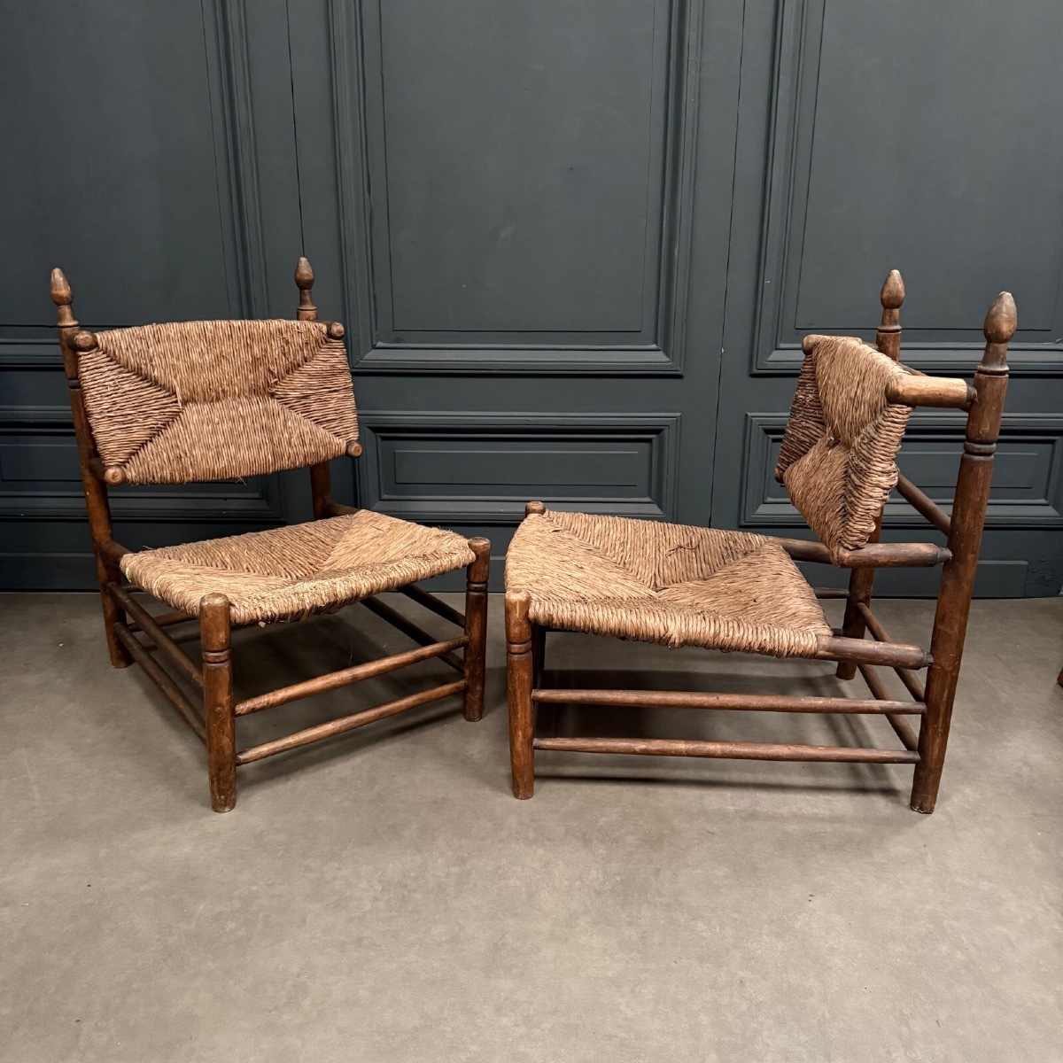 Pair Of 20th Century Straw Armchairs In The Style Of Charles Dudouyt