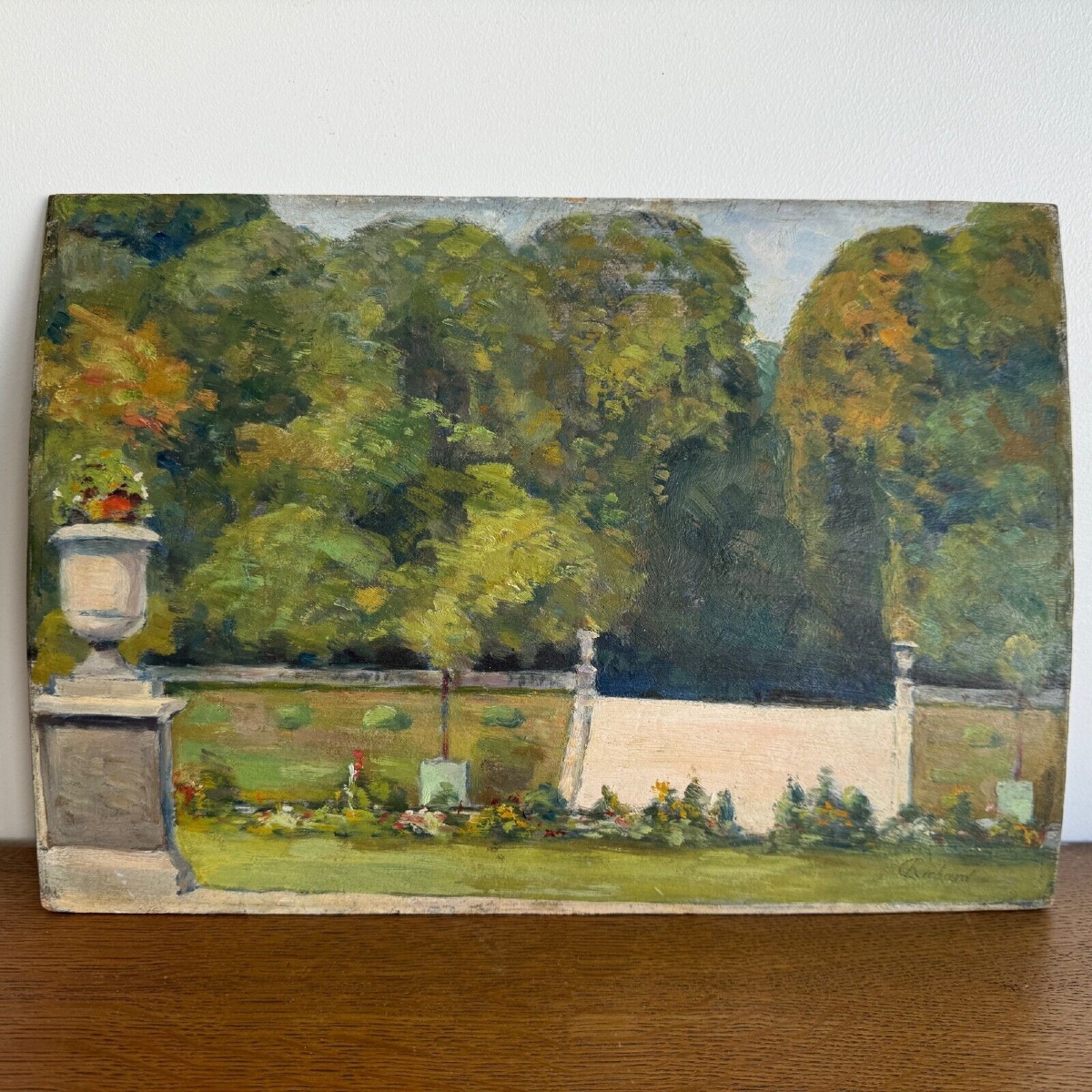 Huile sur panneau de bois par Richard représentant jardin de propriété-photo-2