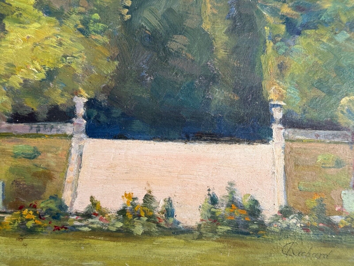 Huile sur panneau de bois par Richard représentant jardin de propriété-photo-4