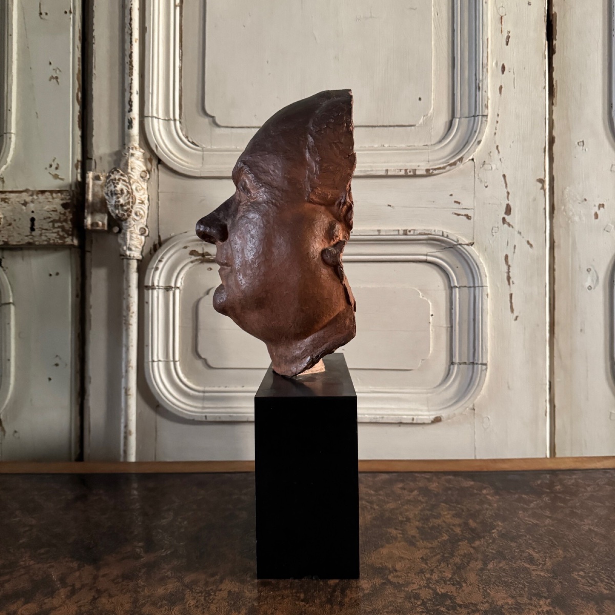 Terracotta Sculpture Of A Man's Mask By Charles Filleul, 20th Century-photo-4