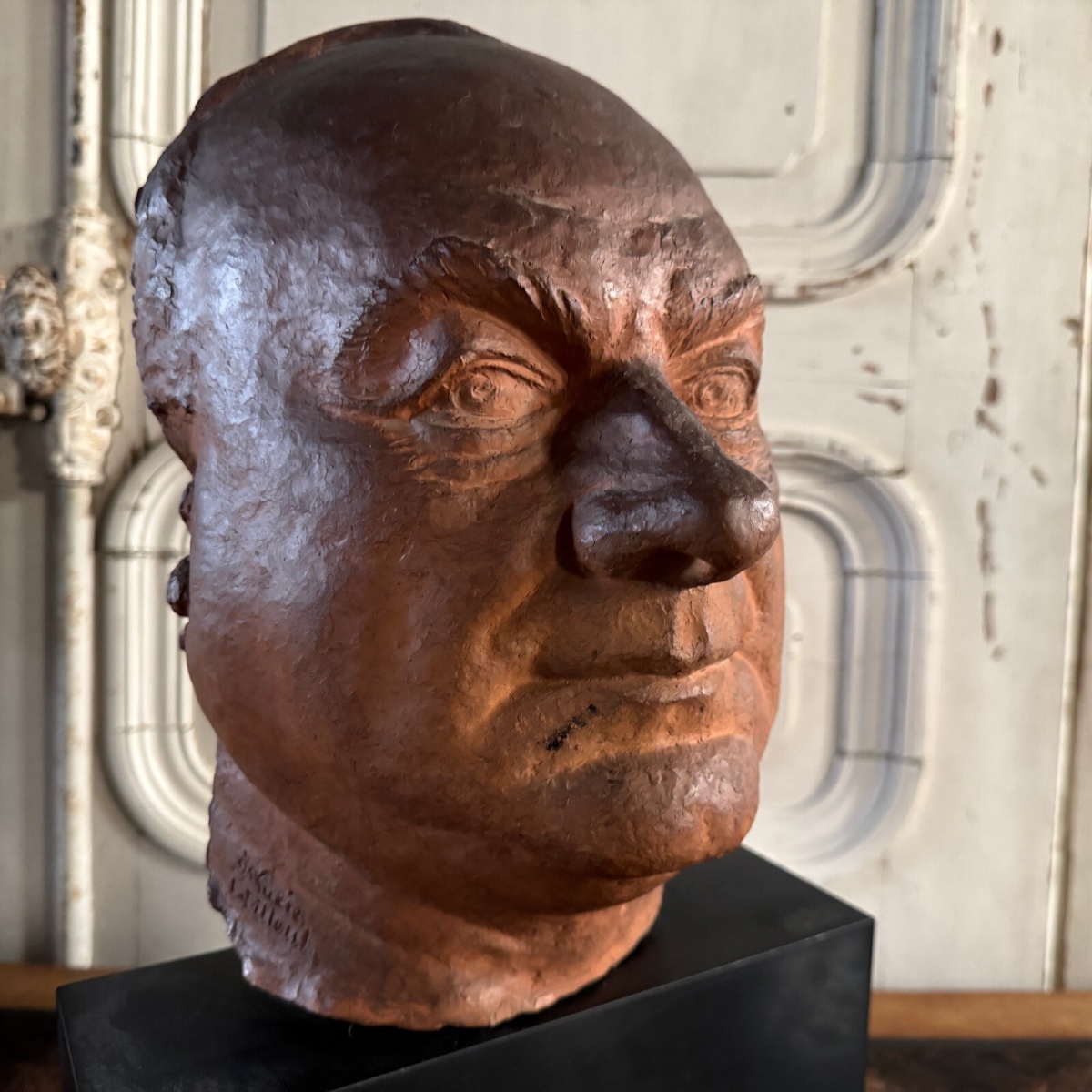 Terracotta Sculpture Of A Man's Mask By Charles Filleul, 20th Century-photo-3