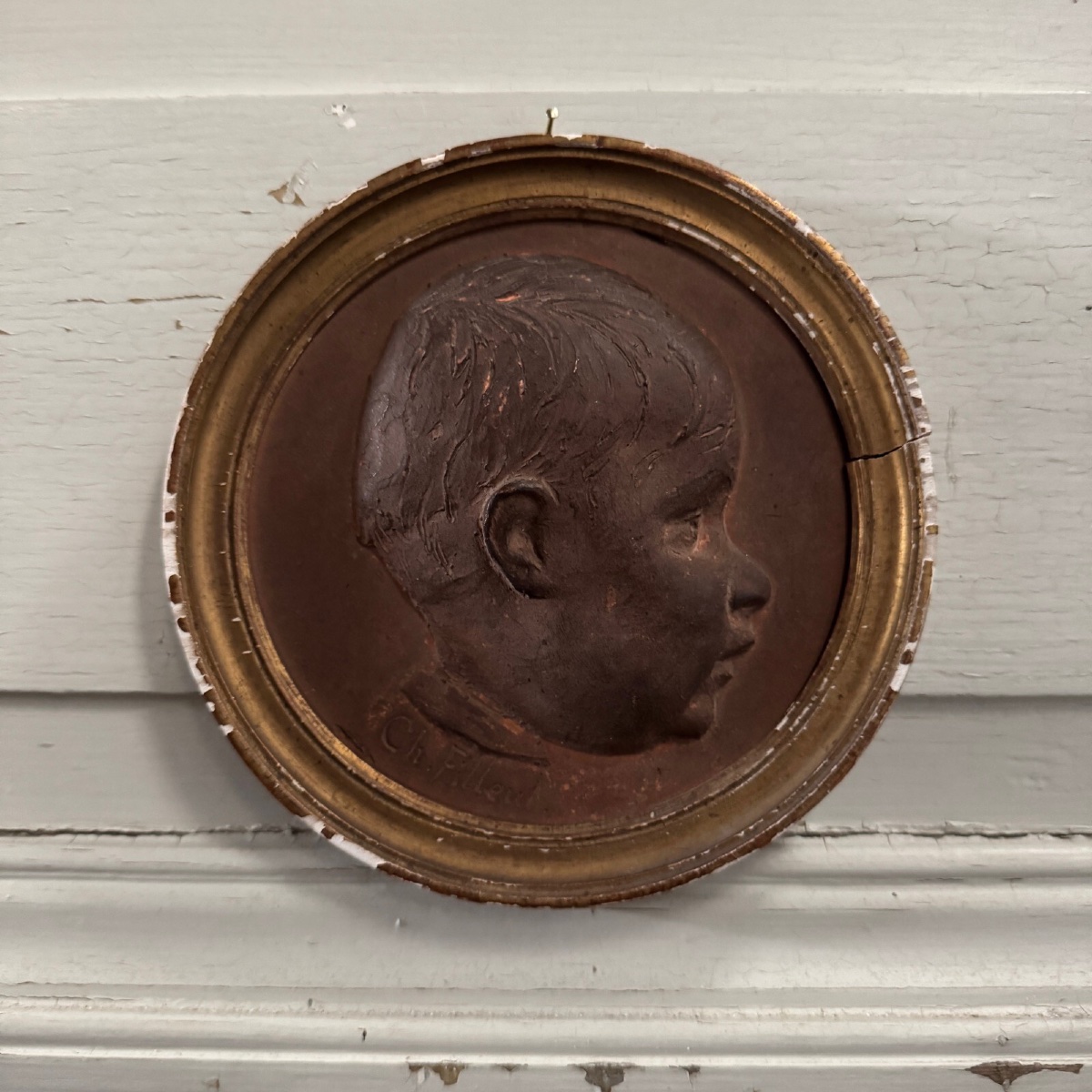 Terracotta Medallion By Charles Filleul, Profile Of A Young Boy, 20th Century-photo-3