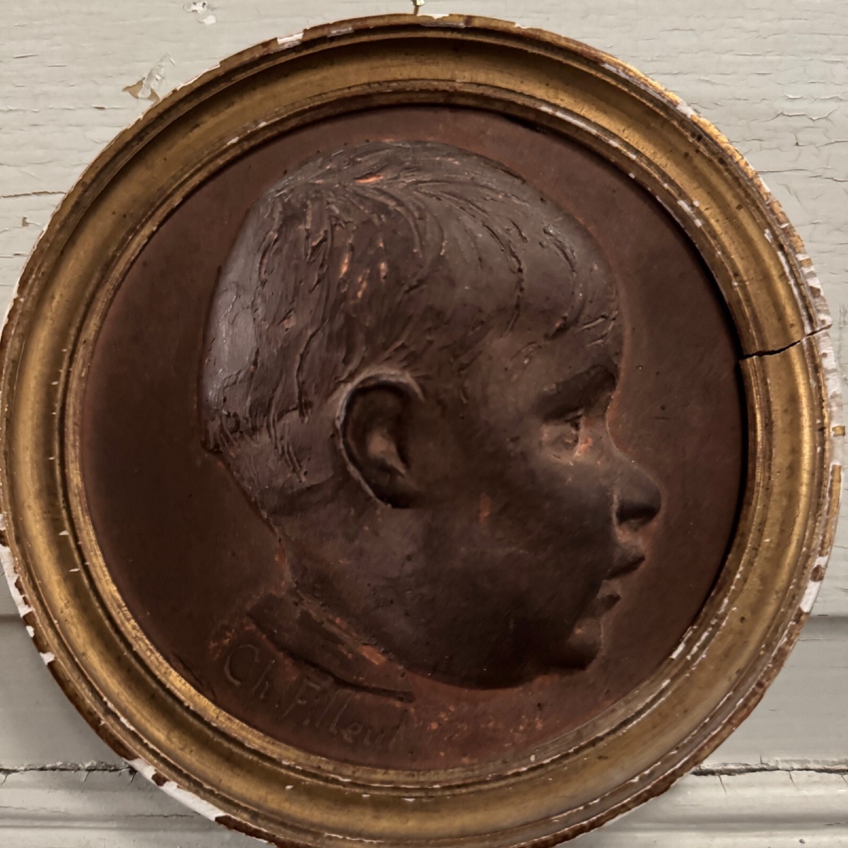 Terracotta Medallion By Charles Filleul, Profile Of A Young Boy, 20th Century-photo-3