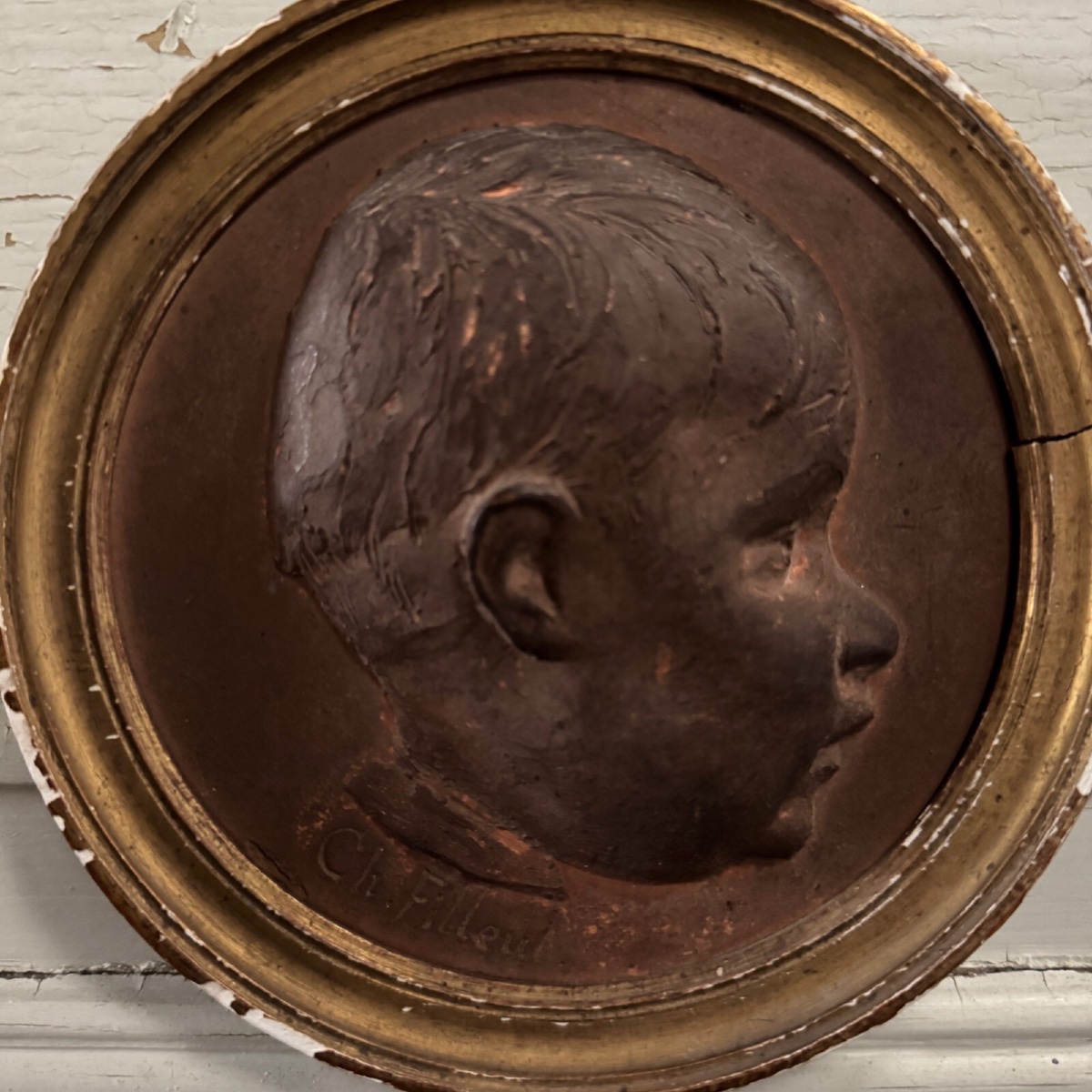 Terracotta Medallion By Charles Filleul, Profile Of A Young Boy, 20th Century-photo-4