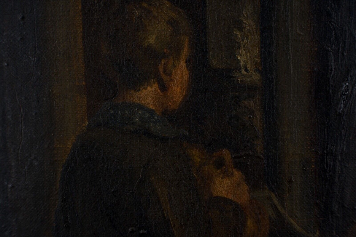 Oil On Canvas By Hw Cavatty Young Child In Front Of A 19th Century Portrait-photo-5