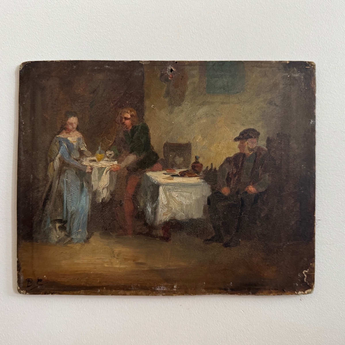 Huile sur panneau scène de taverne monogramme BC XIXe-photo-3